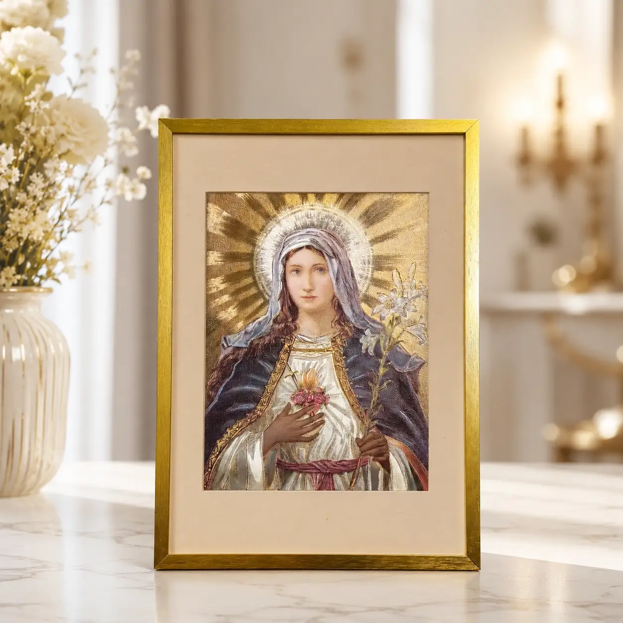 Immaculate Heart of Mary with Lily Gilded Vintage Religious Framed Art religious foil picture by DUFEX PRINTS